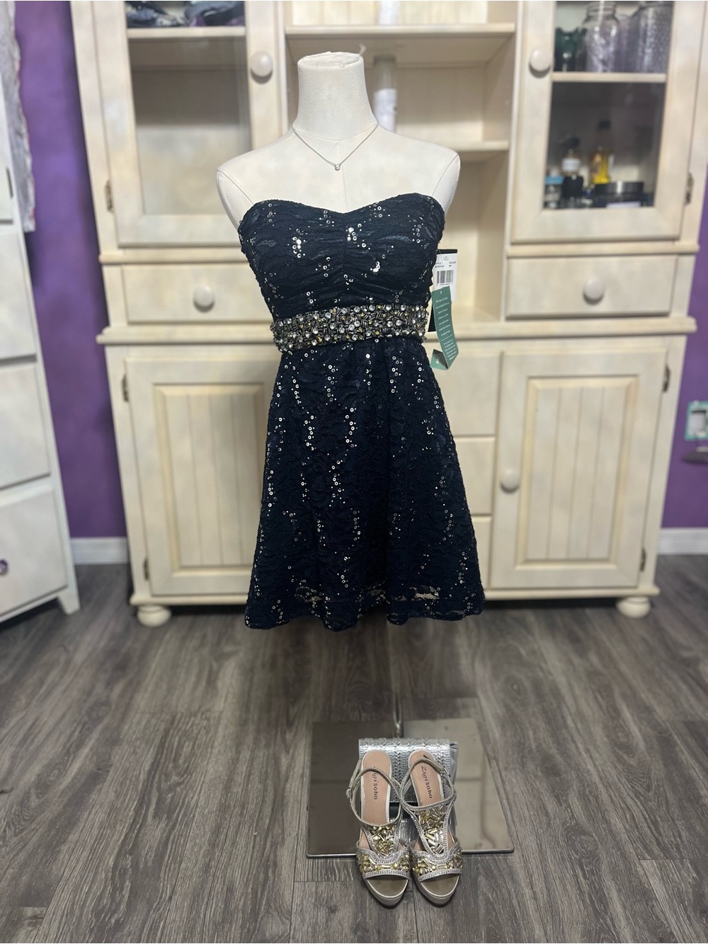 NWT My Michelle Navy Blue Sequin & Lace Strapless Dress - Size 3